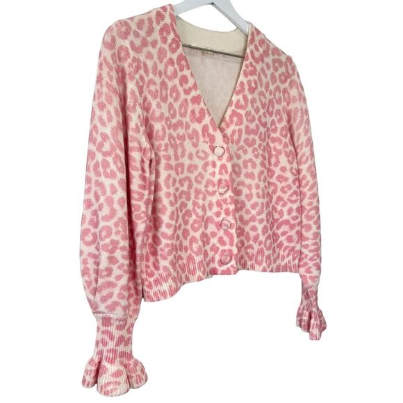 LoveShackFancy Boscom Cardigan XS Leopard Print Ruffle Cuff Button Front Sweater - Picture 8 of 11